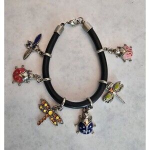 Vintage Insect Charm Bracelet Ladybug Dragonfly Beetle Enamel Dangle Black Cord